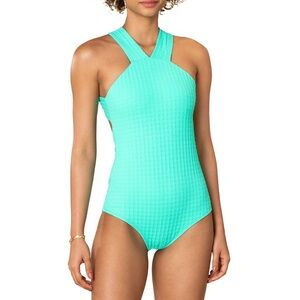 Shoshanna Mint Textured High Neck One-Piece Swimsuit Size 6 Crisscross Back